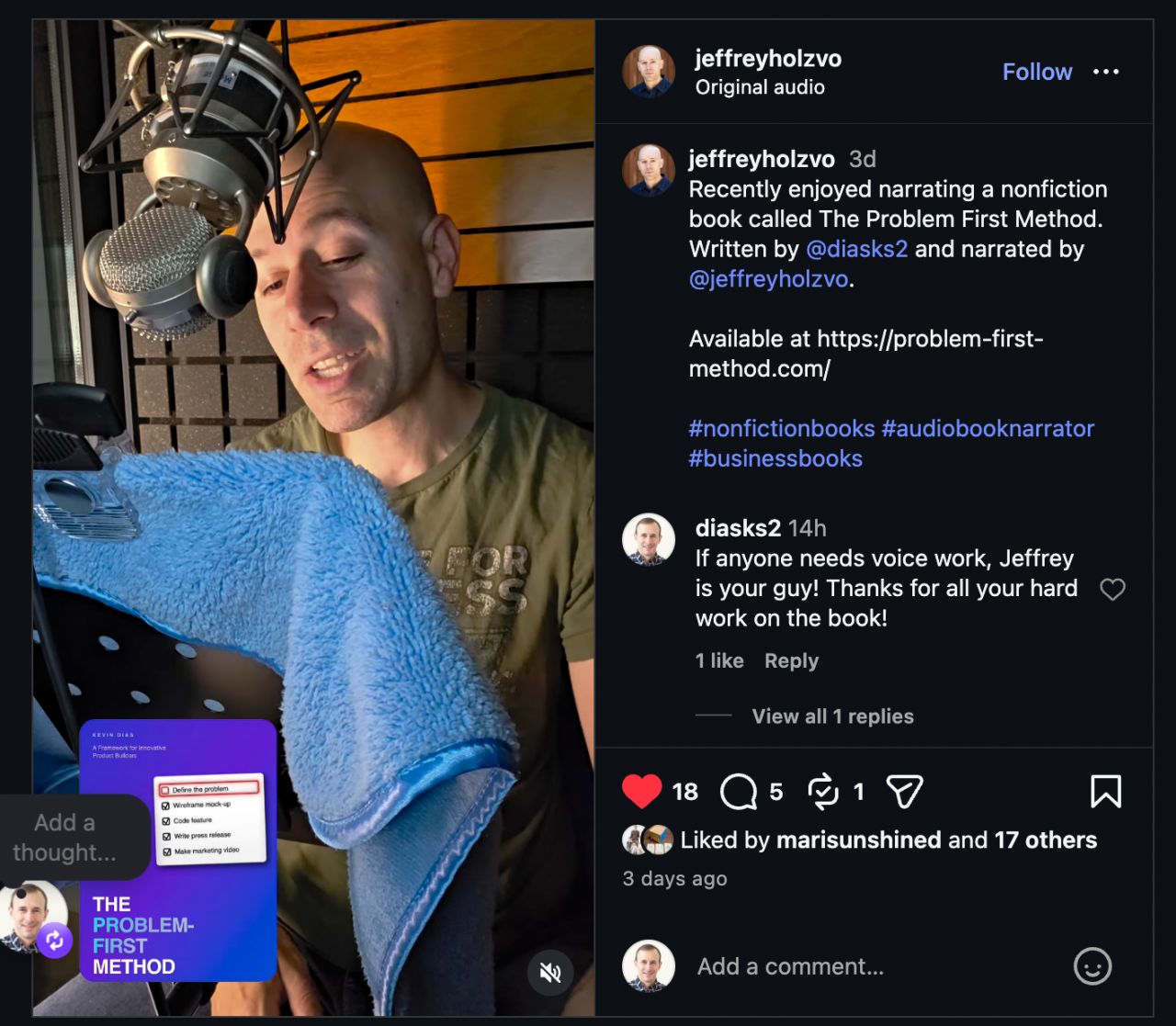 A screenshot of Jeffrey Holz's Instagram Reel: he sits in a recording booth beneath a studio microphone, with the cover of The Problem-First Method overlaid in the corner.