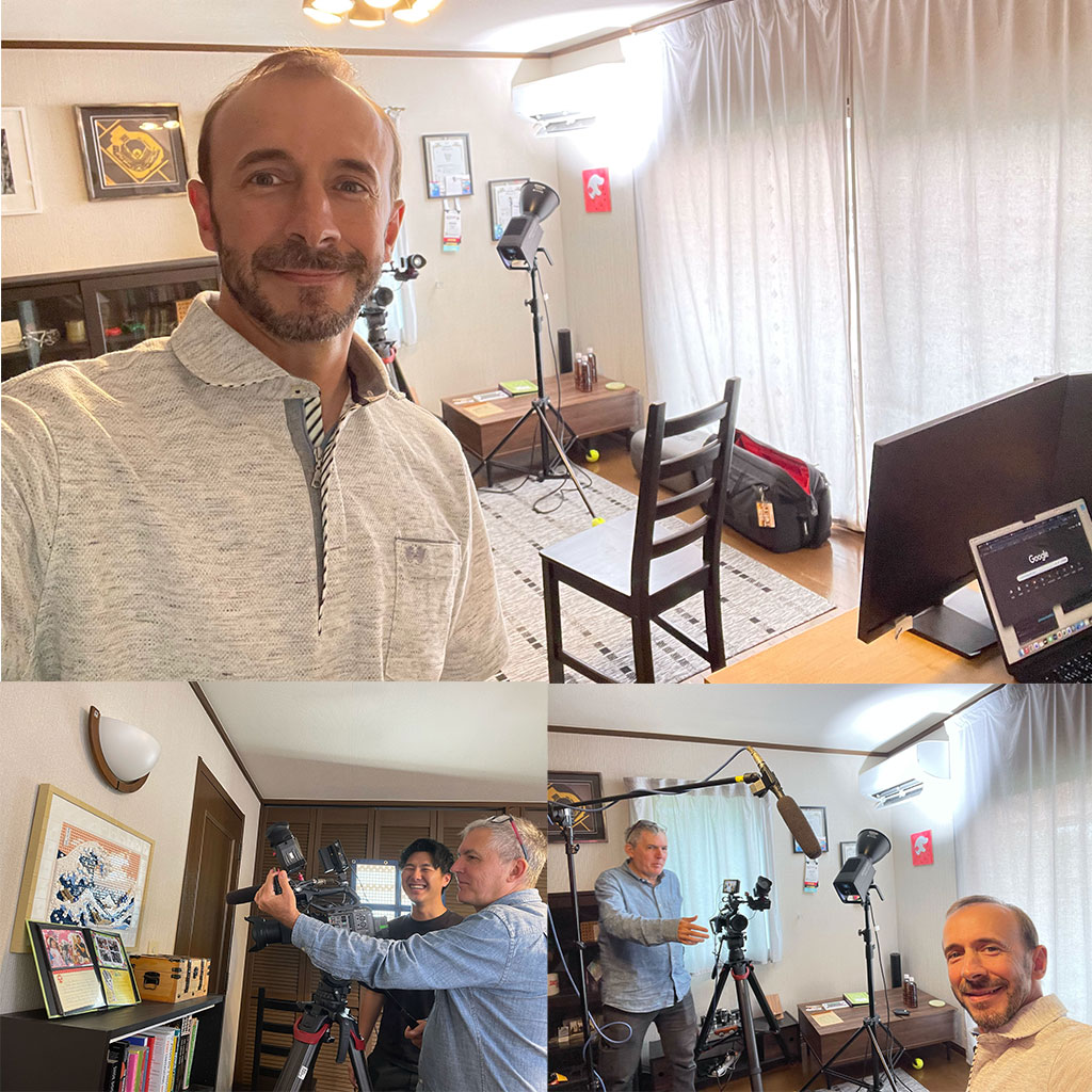 A three-photo collage from the shoot: a selfie of me in my living-room office with studio lights, a camera on a tripod, and my desk in the background; two of the crew laughing behind a large video camera; and a wide shot of the boom mic and lighting setup with me grinning in the corner.