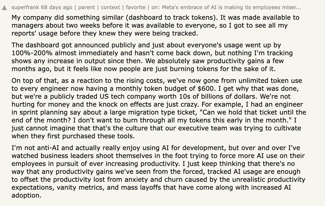 A Hacker News comment describing a company dashboard that tracks AI token usage: usage jumped 100-200% the day it was announced with no increase in output, and an engineer asked to delay a ticket so they wouldn't burn through their monthly token budget too early.