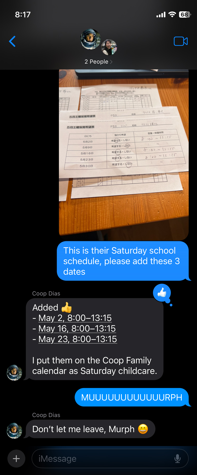 Three-way iMessage thread with Coop