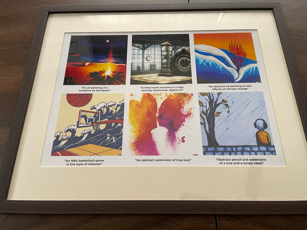 Six DALL-E generated images printed and framed, with their prompts displayed below each image