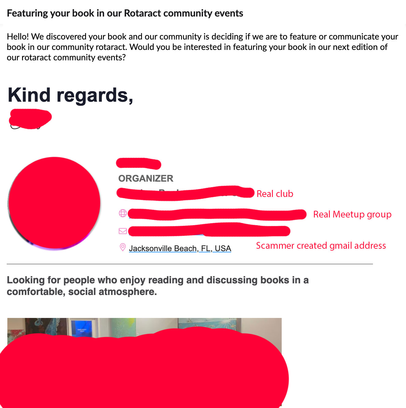 Scam email 1: initial outreach offering to feature the book in a 'Rotaract community' event, sent from a Gmail address impersonating a real book club and Meetup group based in Jacksonville Beach, FL.