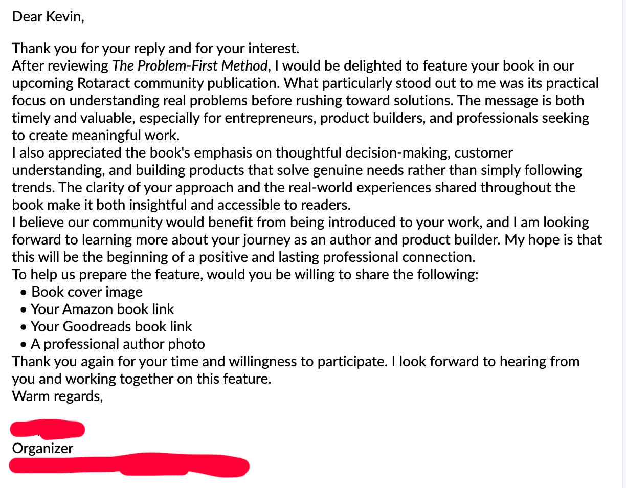 Scam email 2: organizer says they would be delighted to feature The Problem-First Method and asks for the book cover, Amazon link, Goodreads link, and author photo.