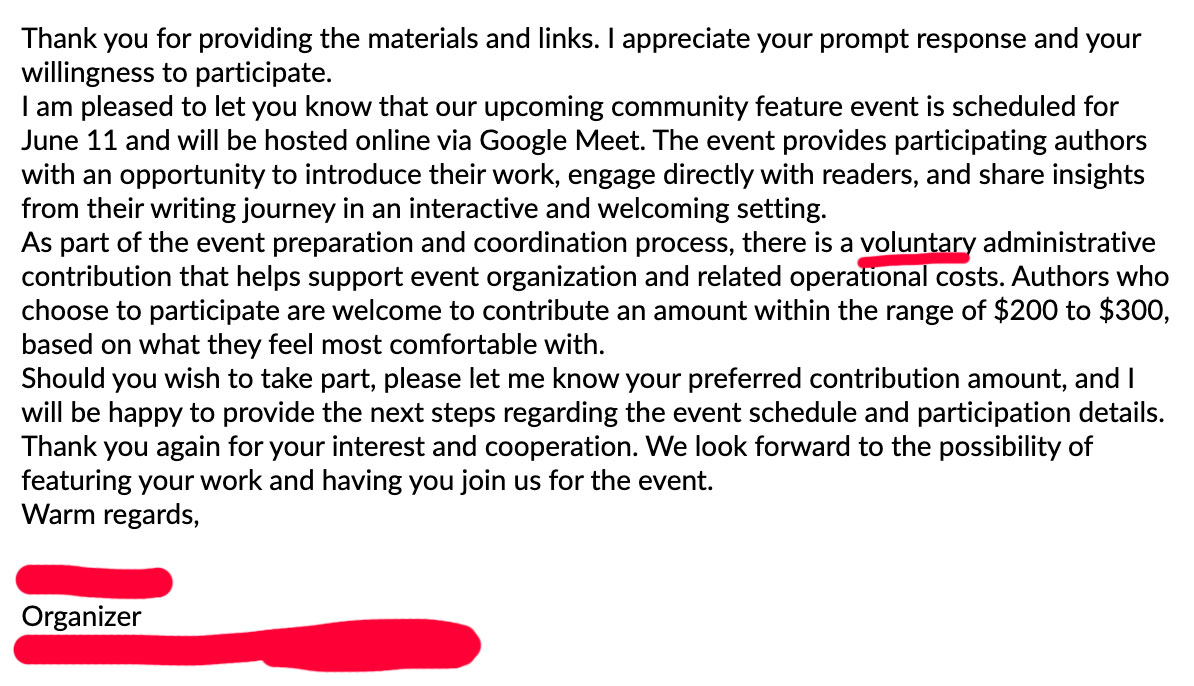 Scam email 3: announces a community feature event and introduces a 'voluntary administrative contribution' of $200 to $300.