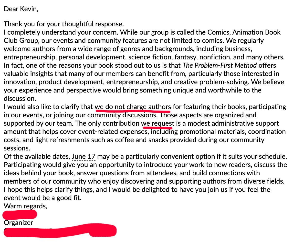 Scam email 4: claims the group welcomes authors from many genres and that they do not charge authors, while still requesting a 'modest administrative support' amount.