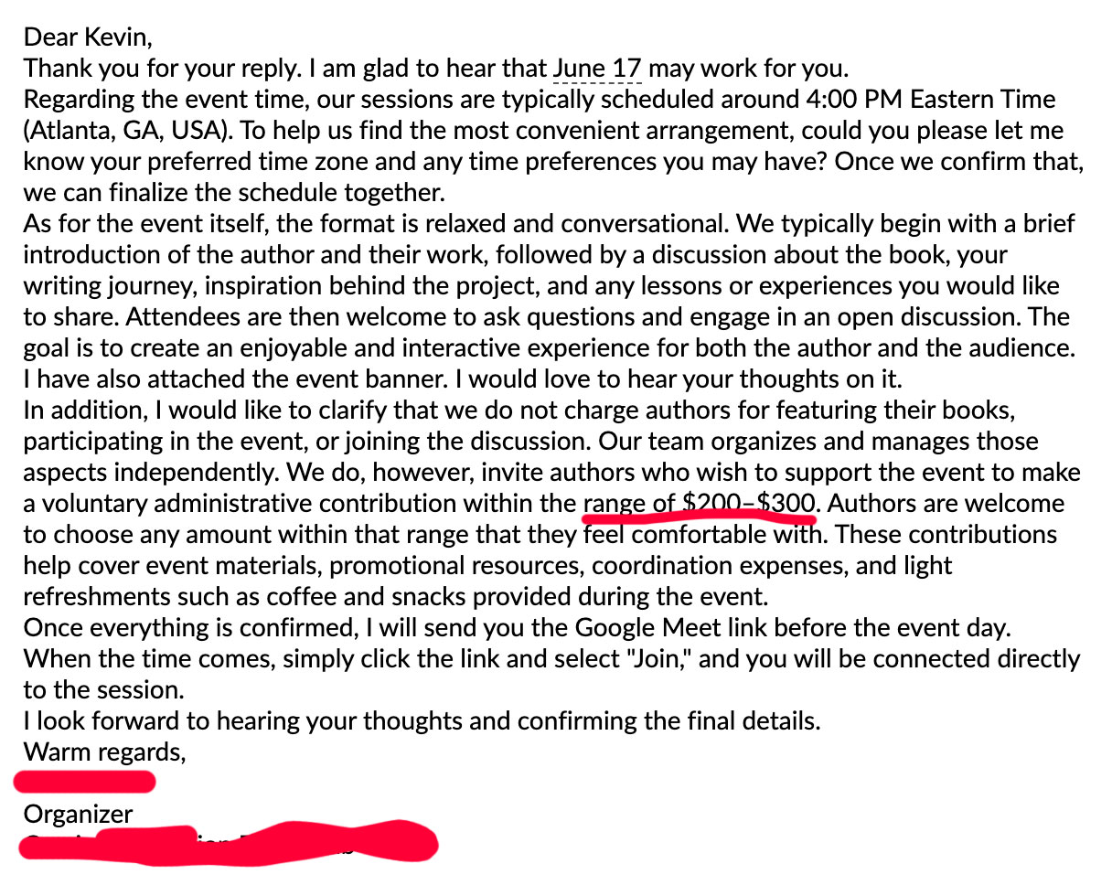 Scam email 5: proposes a date and again describes the 'voluntary administrative contribution' of $200 to $300 covering materials, promotion, and refreshments, with a Google Meet link to follow.