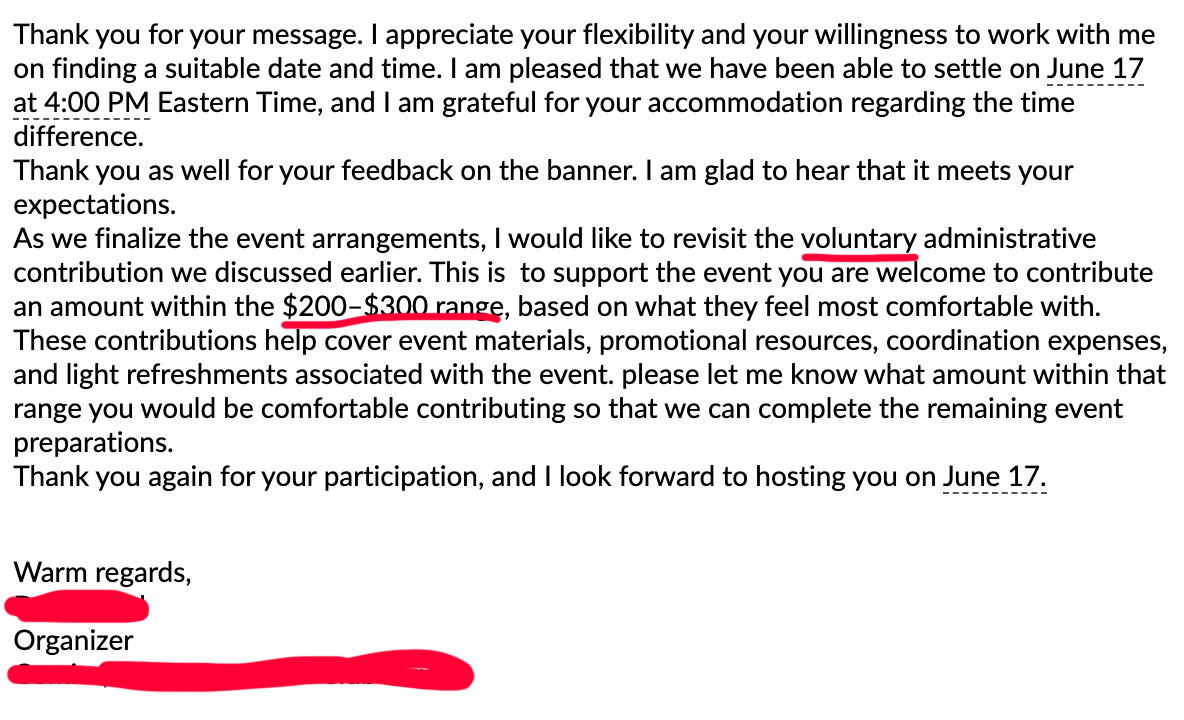 Scam email 6: confirms June 17 at 4:00 PM Eastern and revisits the 'voluntary administrative contribution' in the $200 to $300 range.