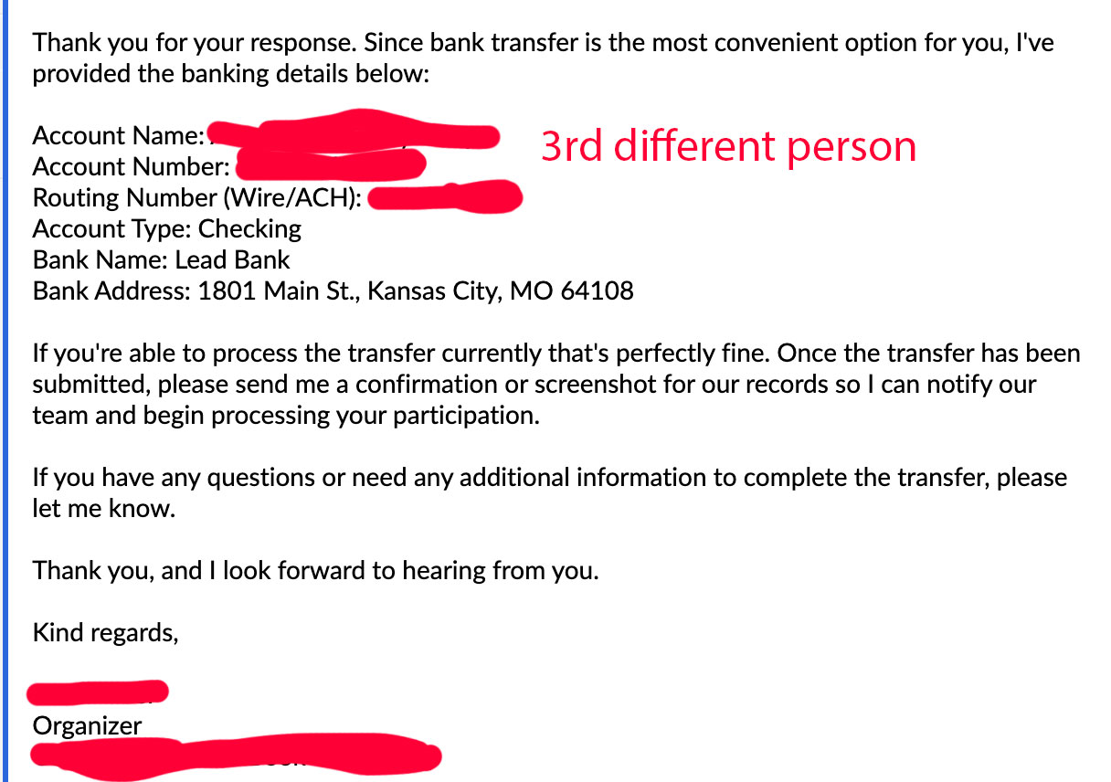 Scam email 8: provides bank transfer details, naming a third different and unrelated person, with a Lead Bank account in Kansas City, MO.