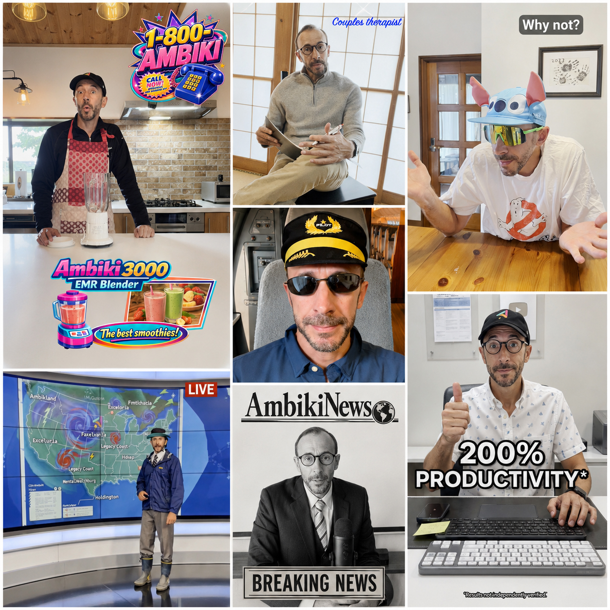 Collage of seven satirical photos of Kevin playing different characters: a wide-eyed infomercial pitchman behind a blender with a &ldquo;1-800-AMBIKI&rdquo; logo advertising the Ambiki 3000 EMR Blender, a couples therapist taking notes, a shrugging guy in a Stitch hat and neon sunglasses captioned &ldquo;Why not?&rdquo;, an airline pilot in sunglasses and a pilot cap, a TV weatherman in rain gear presenting a storm map full of made-up city names, a black-and-white AmbikiNews breaking-news anchor, and an office worker giving a thumbs up beside the caption &ldquo;200% productivity, results not independently verified.&rdquo;
