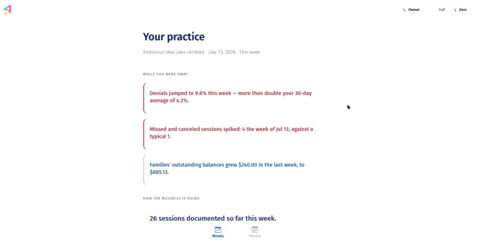 Mockup of a “Your practice” summary screen with plain-language alerts about a jump in denials, a spike in missed and canceled sessions, and growing family balances.