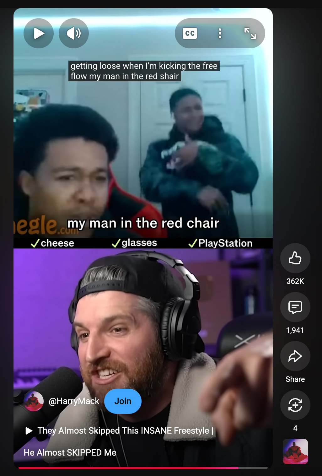 A Harry Mack freestyle video: a split-screen online video chat captioned 'my man in the red chair' with green checkmarks for cheese, glasses, and PlayStation, and Harry Mack rapping into a microphone below.