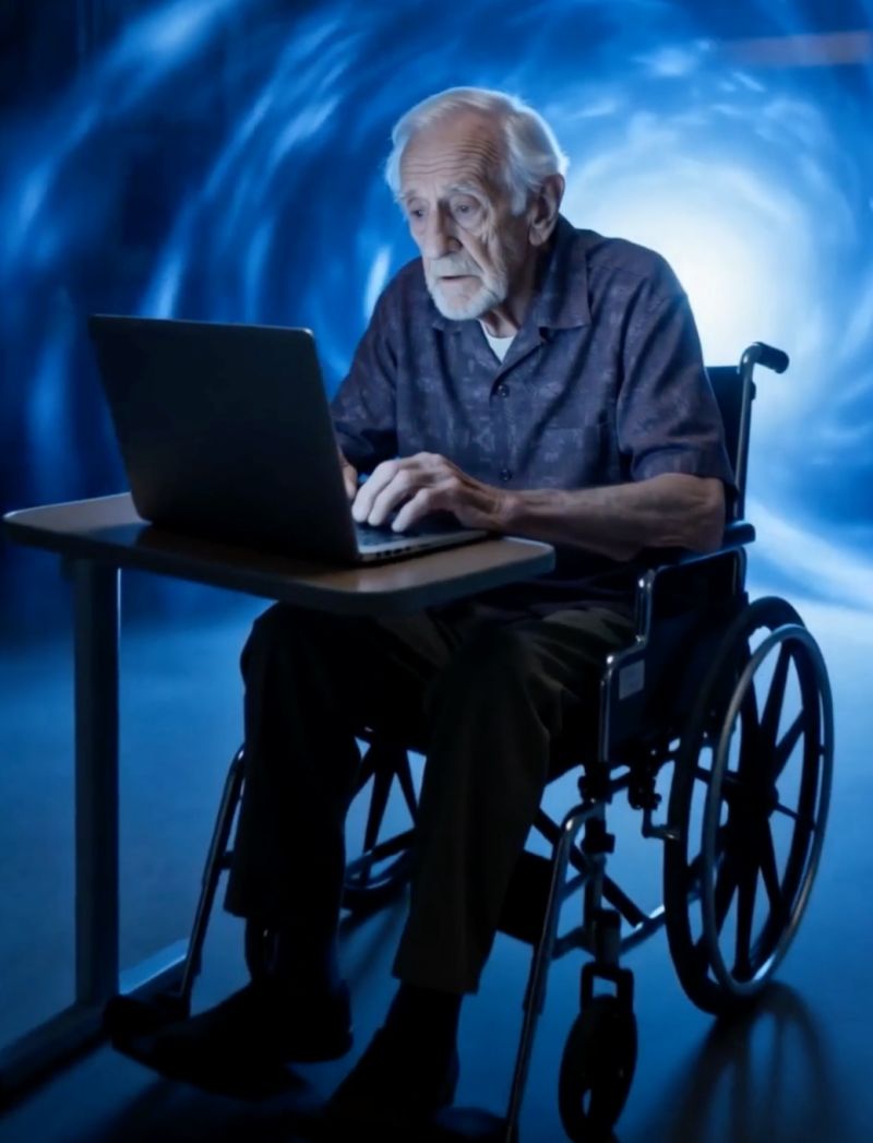 An elderly man with white hair sits in a wheelchair typing on a laptop in front of a swirling blue background.