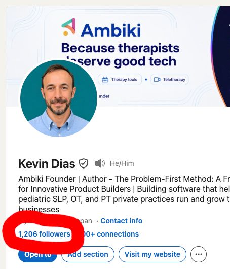 Screenshot of Kevin Dias's LinkedIn profile with the follower count of 1,206 circled in red.
