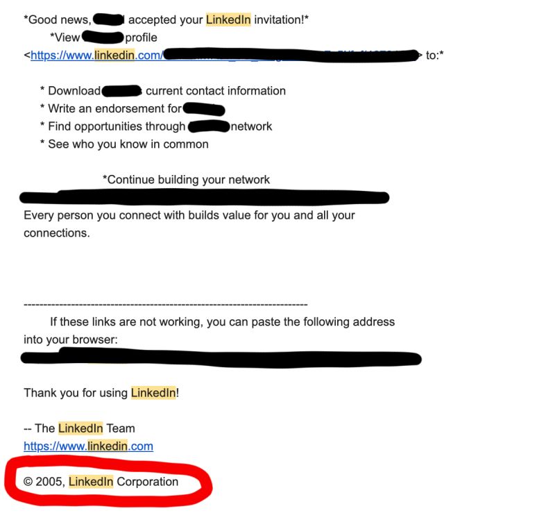 Screenshot of an old LinkedIn invitation email with the 2005 copyright line circled in red.