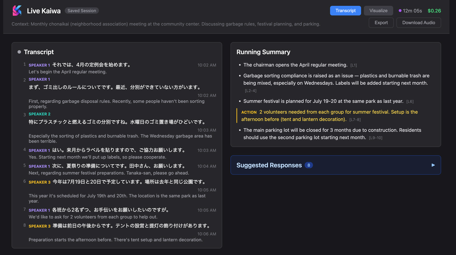 Live Kaiwa transcript view showing real-time Japanese transcription with English translations, running summary, and suggested responses