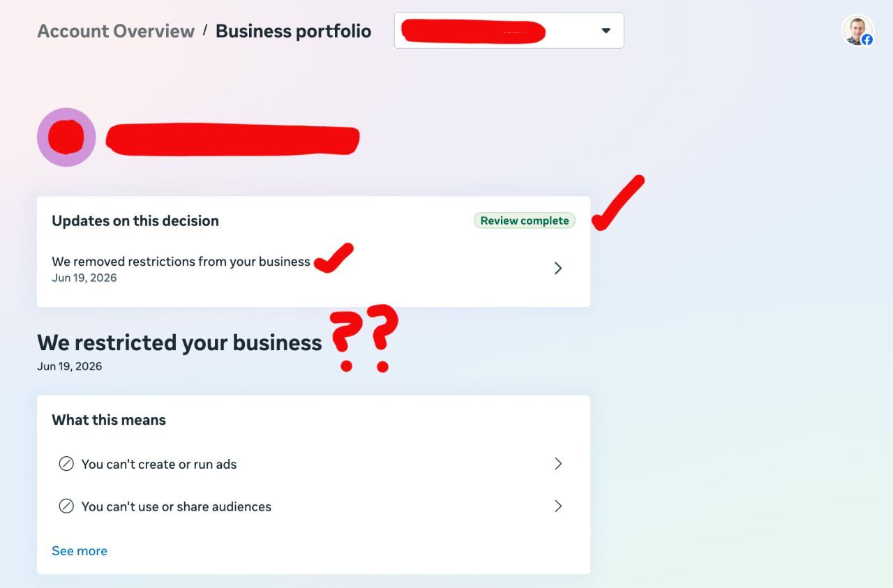 A Meta Business portfolio screen showing 'Review complete' and 'We removed restrictions from your business' directly above a heading that says 'We restricted your business,' both dated June 19, 2026.