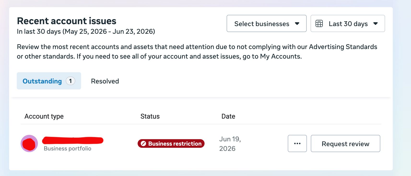 Meta's 'Recent account issues' dashboard still showing one outstanding business restriction dated June 19, 2026, with a 'Request review' button.