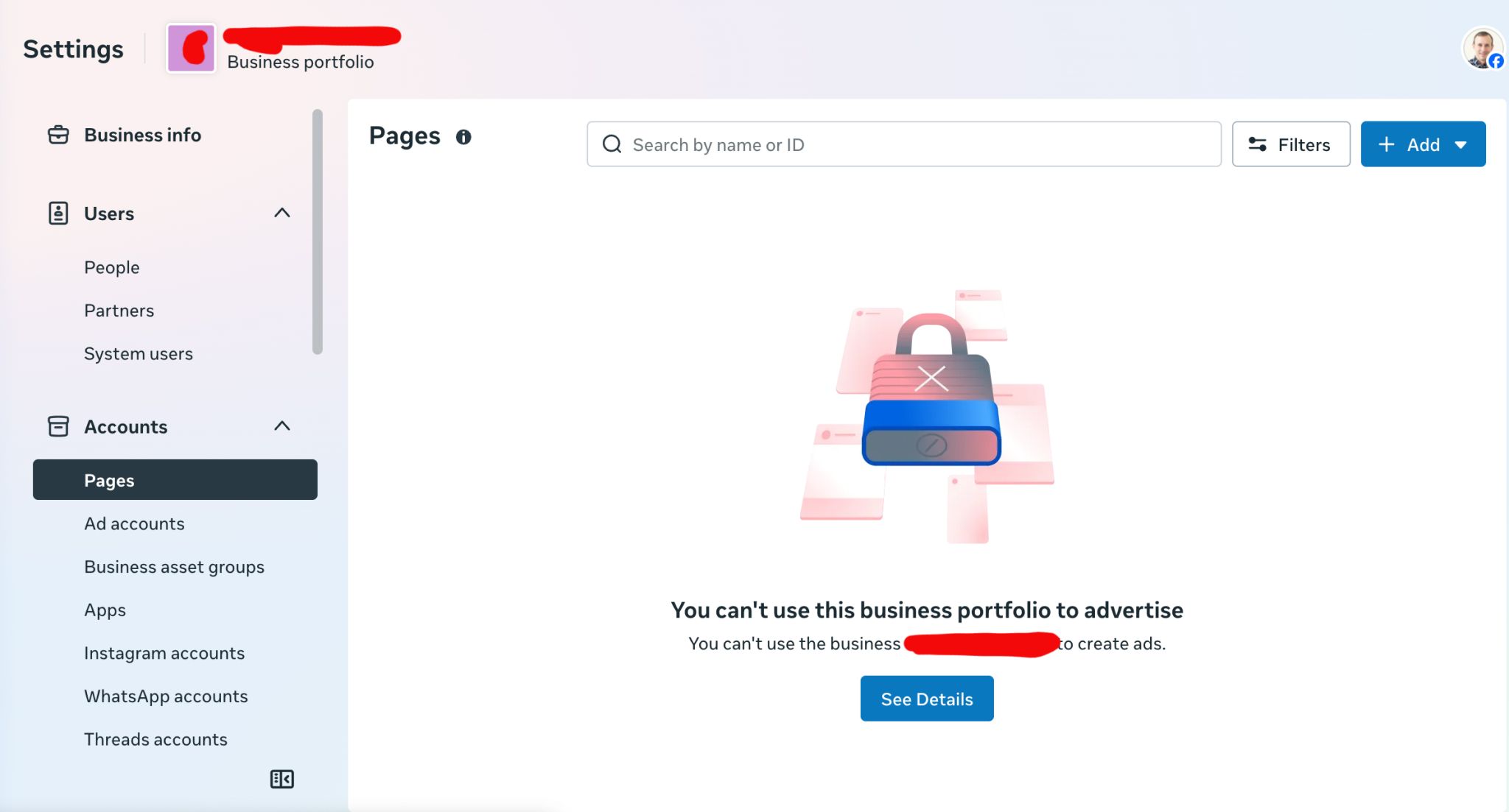 The Pages section of Meta Business settings showing a padlock illustration and the message 'You can't use this business portfolio to advertise.'