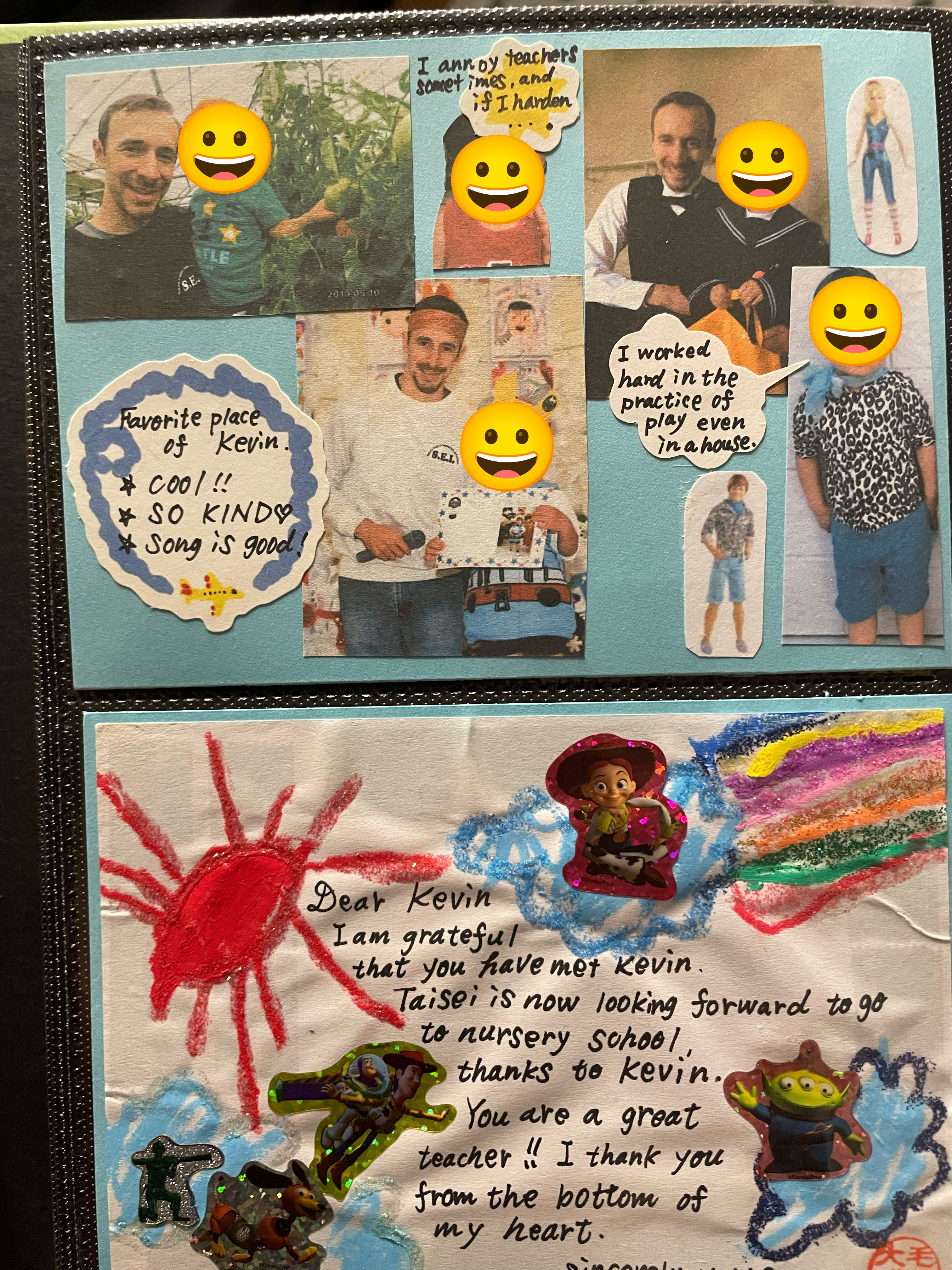 A handmade photo album page made by parents at SEI. A collage of photos of me with the class, faces covered for privacy, alongside a child's handwritten thank-you note: 'Dear Kevin, I am grateful that you have met Kevin. Taisei is now looking forward to go to nursery school, thanks to Kevin. You are a great teacher!! I thank you from the bottom of my heart.'