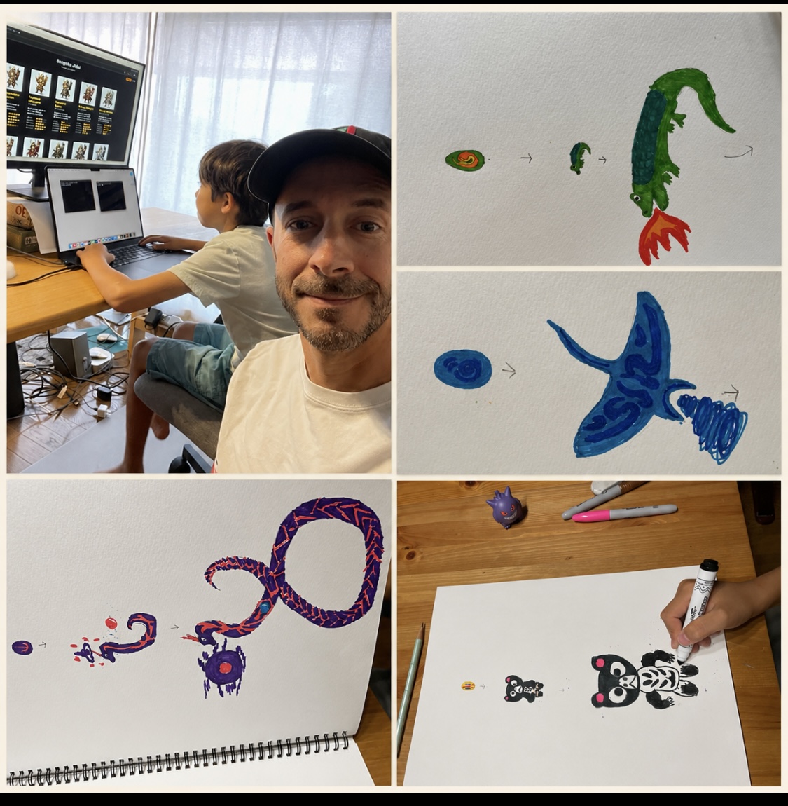 A five-photo collage: a selfie of me in a black cap and white t-shirt beside my son at a laptop, its screen showing a game full of creature characters, plus four of his marker drawings, each showing a creature growing from a small egg into a bigger form (a green dragon, a blue manta ray, a purple coiled serpent, and a black-and-white panda).