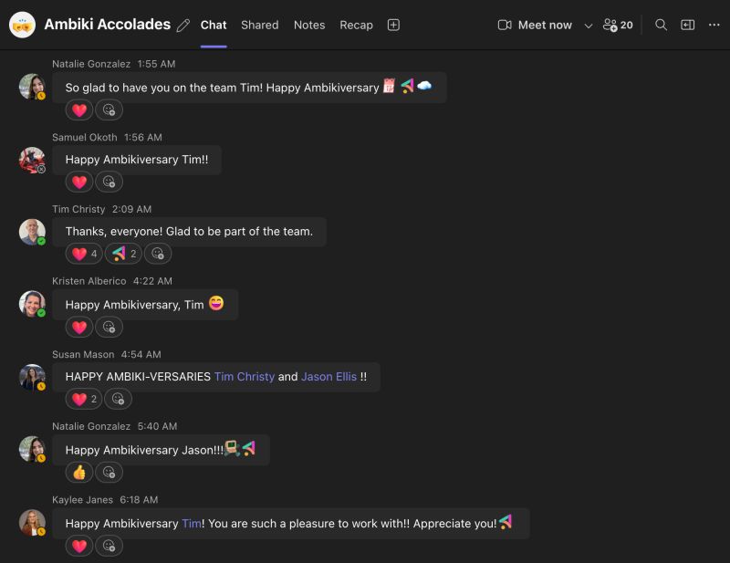 Screenshot of the Ambiki Accolades channel in Microsoft Teams, with teammates wishing Tim and Jason a happy Ambikiversary.