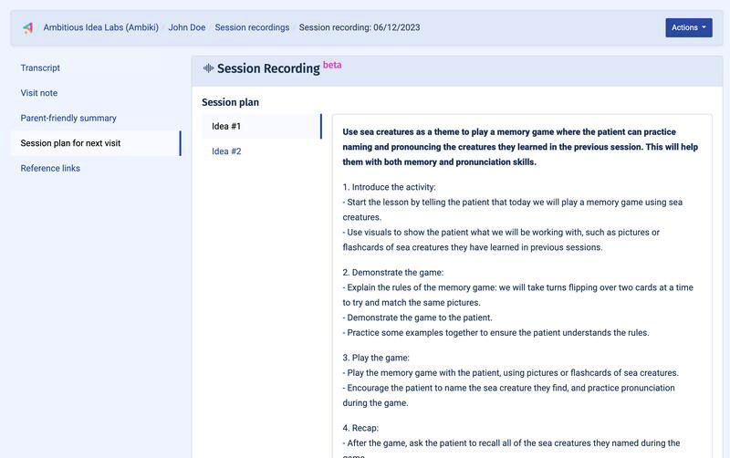 Tenalog™ - automatically generated session plan for the next visit