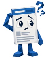 A low-poly cartoon character shaped like a LinkedIn post, with a blue header bar, gray text lines, worried eyes, blue arms and legs, one hand scratching its head, and two blue question marks floating beside it.